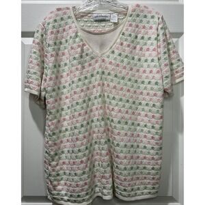 Alfred Dunner Knit V-Neck Top Floral Pattern Short Sleeve XL Cottagecore Granny